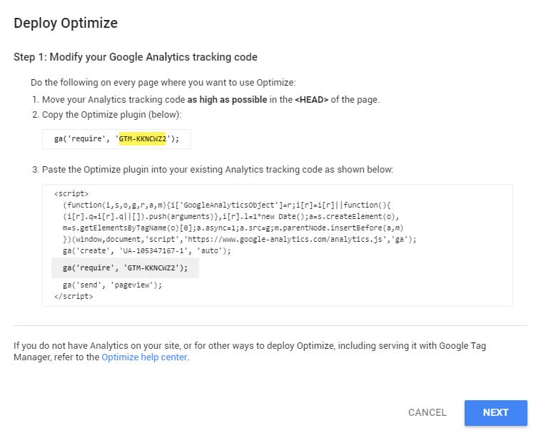 setting up google optimize a b testing